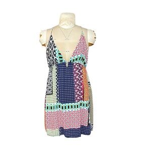 Vintage Josie Natori Patchwork Dress‎ Geometric Strappy Lightweight Multicolor L